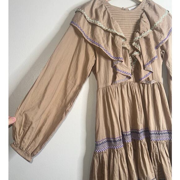 Something Navy Tan Embroidered Ruffle Long Sleeve Dress Size Small - Picture 3 of 9